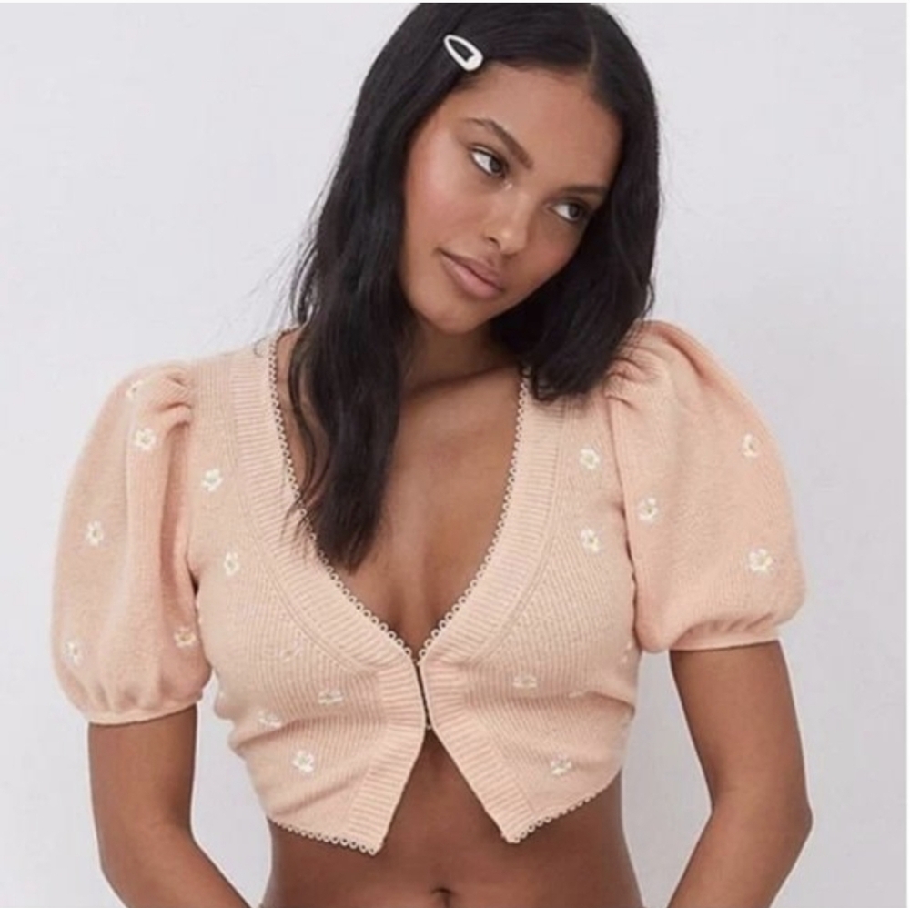 For Love & Lemons Embroidered Buds Puff Sleeve Cropped Cardigan M
